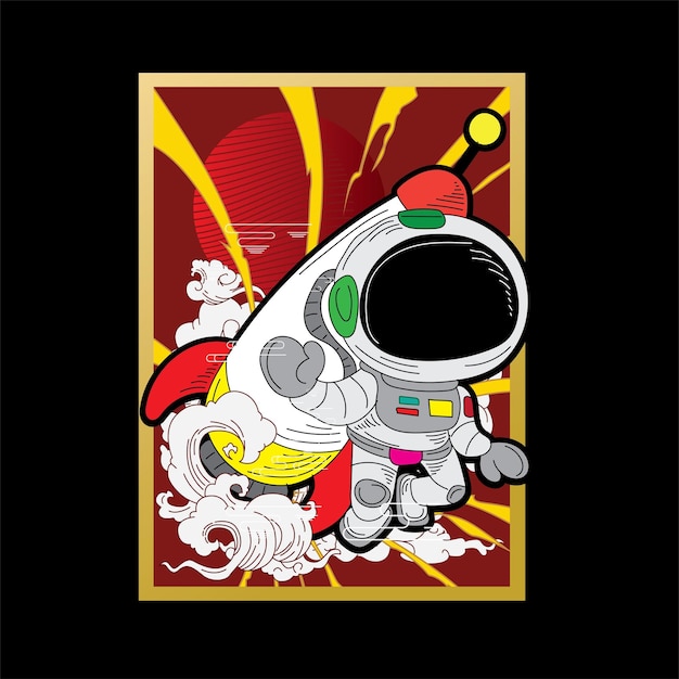 Astronout-illustratieontwerp met retro japanse stijlachtergrond