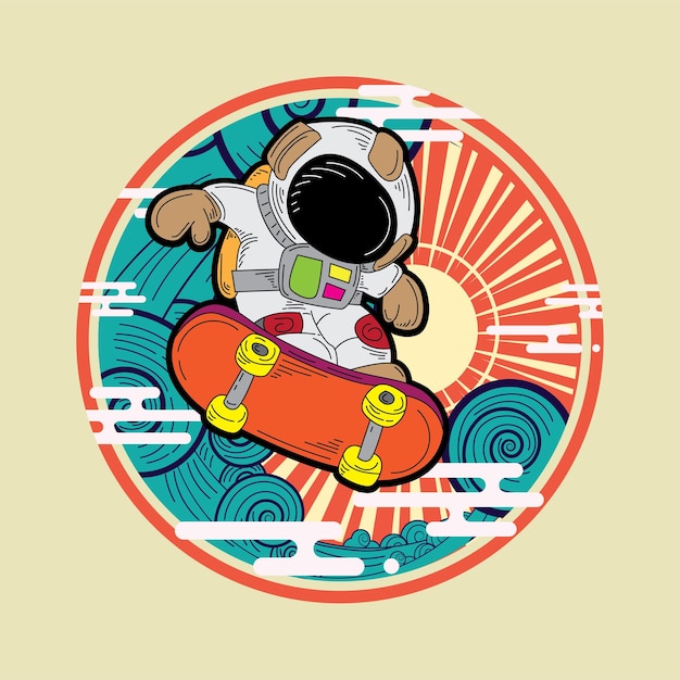 Astronout-illustratieontwerp met retro japanse stijlachtergrond