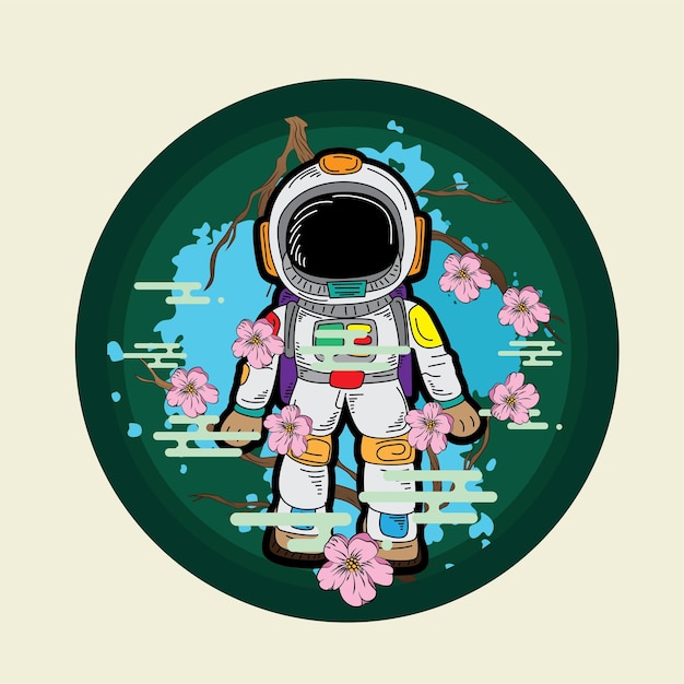 Vector astronout-illustratieontwerp met retro japanse stijlachtergrond