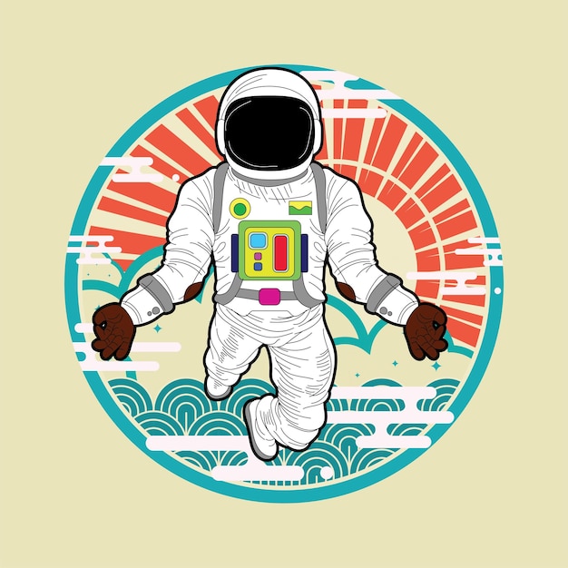 дизайн иллюстрации космонавта с фоном в японском стиле