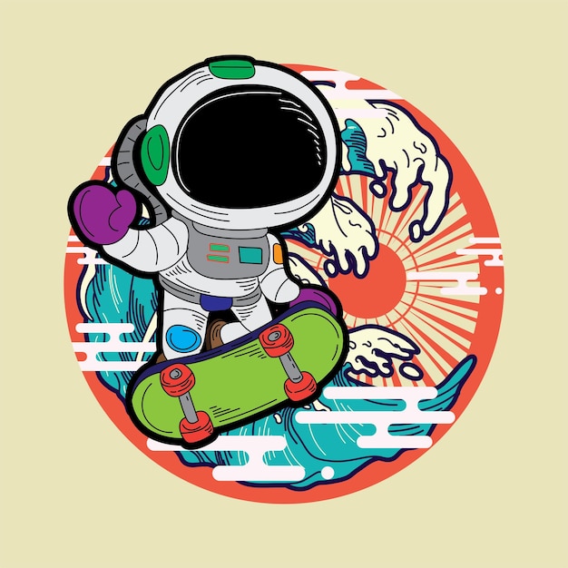 astronout illustration design with retro japanese style background
