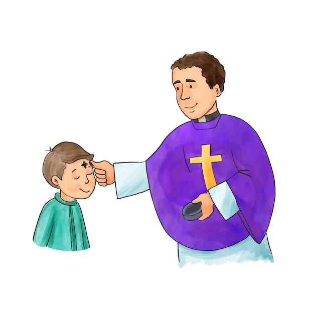 Vector aswoensdag christelijke illustratie priester en kleine jongen