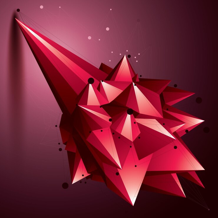 Vector asymmetric 3d abstract red object with connected lines and dots, geometric form with lattice structure.