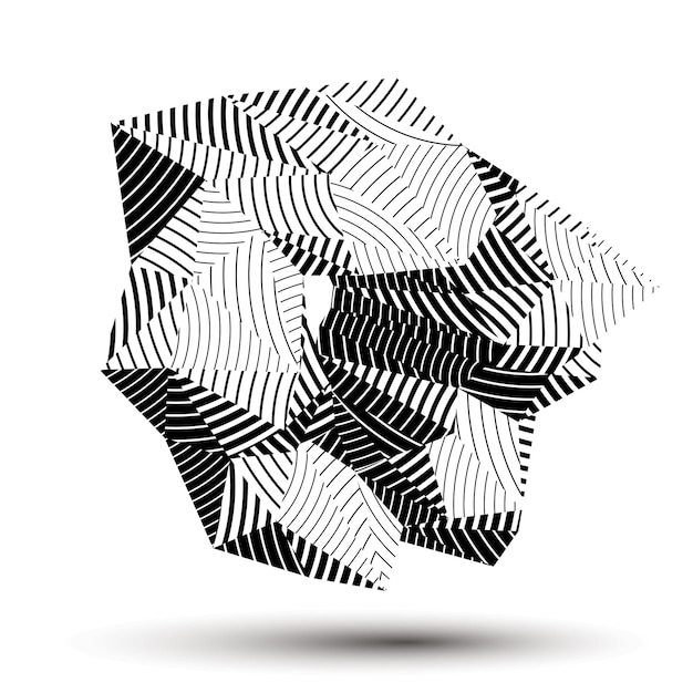 Vector asymmetric 3d abstract striped object, monochrome geometric spatial form. render and modeling.