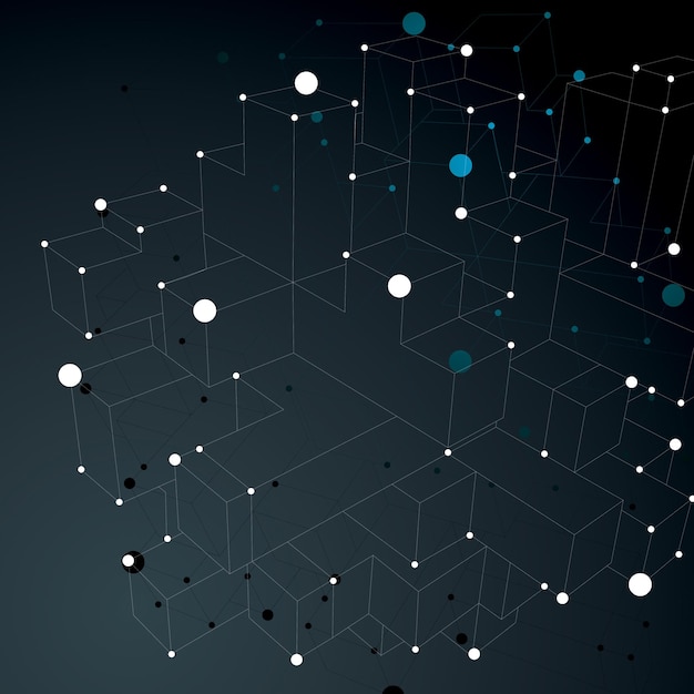 Asymmetrische 3d abstracte constructie met zwart-wit verbonden lijnen en punten, geometrische vorm met roosterstructuur.