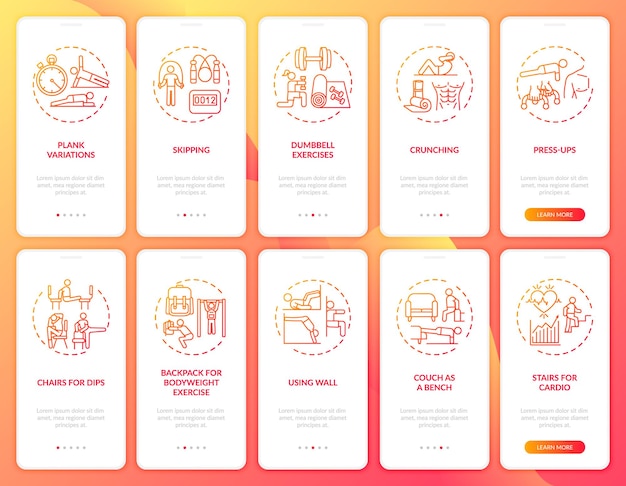 개념이 설정된 모바일 앱 페이지 화면을 원격으로 온 보딩하는 집에서 운동합니다. 체육관 장비 대안 연습 단계. Ui 템플릿 일러스트레이션