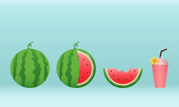 Atermelon e fette succose vector design piatto di foglie verdi e anguria