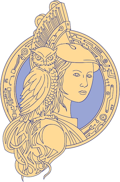 Athena with Owl on Shoulder Circuit Circle Mono Line