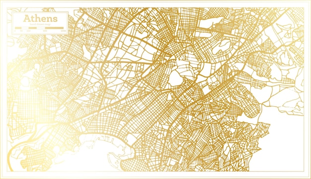 Mappa della città di atene in grecia in stile retrò con mappa di contorno a colori dorati
