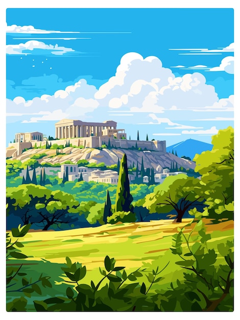 Vector athens greece vintage travel poster souvenir postcard portrait painting wpa illustration