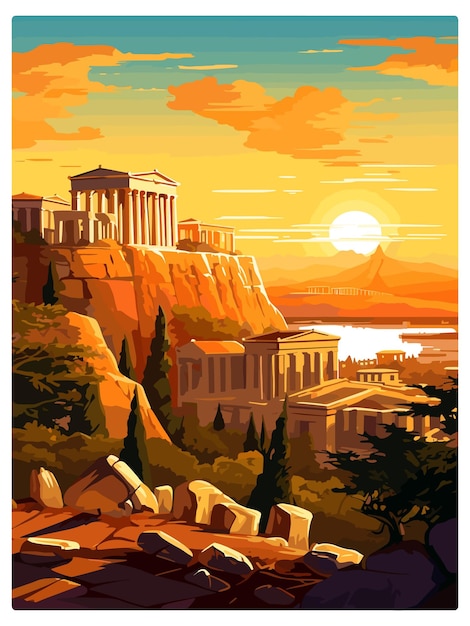 Vettore atene grecia poster di viaggio vintage souvenir cartolina ritratto pittura illustrazione wpa