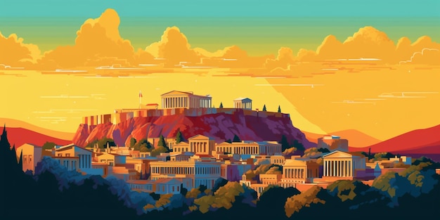 Vector athens' iconic parthenon and acropolis
