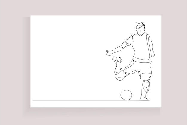 Athlete football player kicks the ball one line drawing