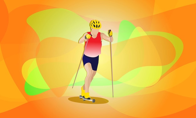 Вектор Спортсмен на роликовых коньках с лыжными палками и защитным шлемом яркий красочный абстрактный фон