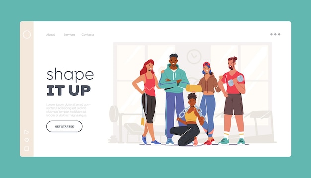 Athlete People Workout Exercises Landing Page Template. Happy Characters in Sports Clothes and Sneakers Stand Together in Gym with Sport Equipment Mat, Jump Rope and Chain. Cartoon Vector Illustration