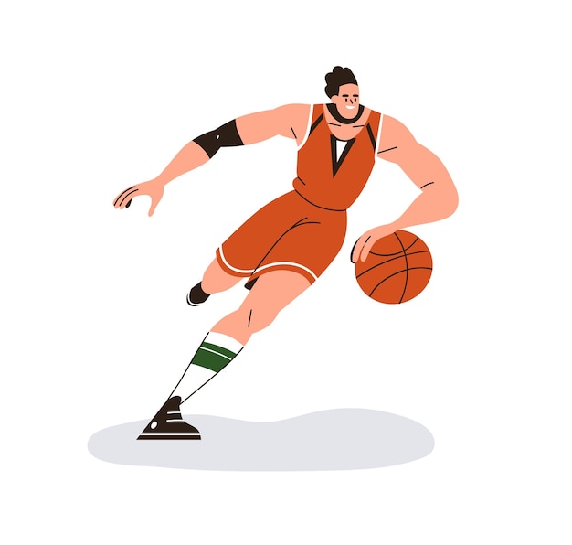 Athlete playing basketball, running, dribbling orange ball with hand. Happy man player rushing at sport game. Active sportsman moving, acting. Flat vector illustration isolated on white background.