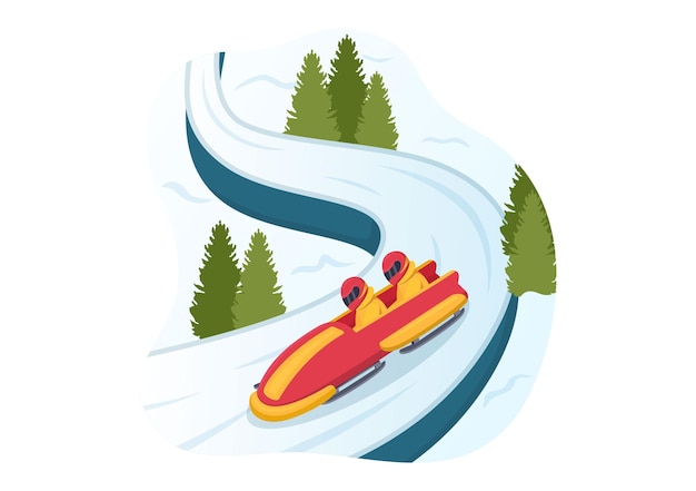 Vector athlete riding sled bobsleigh illustration with snow and bobsled track in winter sport activity