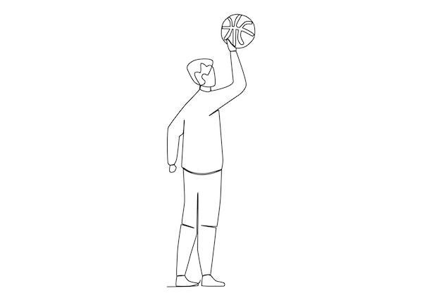 An athlete shooting with one hand to score in basketball one line art