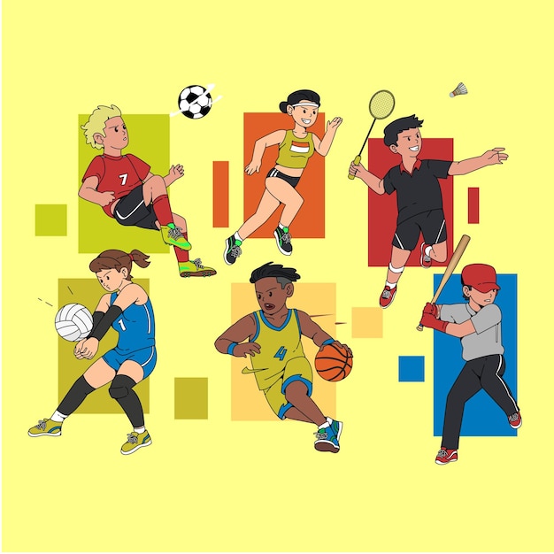 Athlete and their respective sport hand drawn illustration