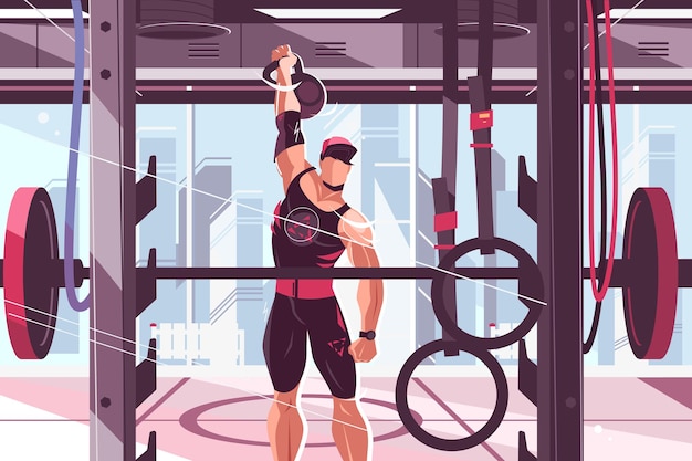 athlete training in gym vector illustration strong man pumping muscles with big weight design
