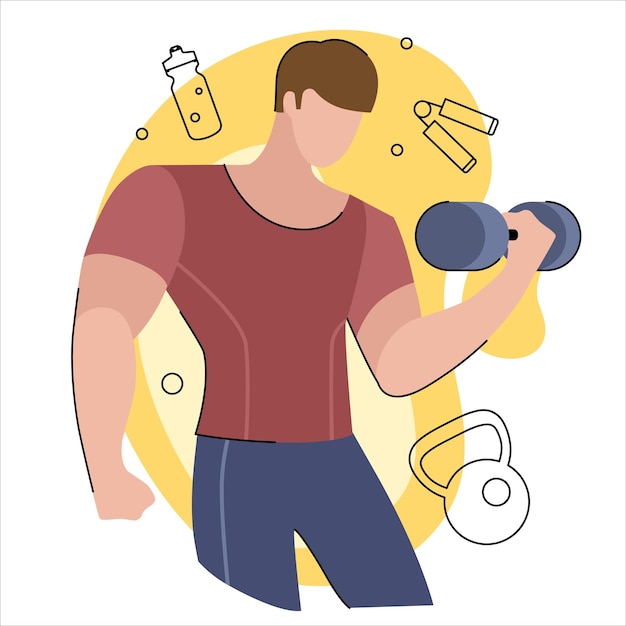 Athlete with dumbbells exercising in the gym vector stylized illustration