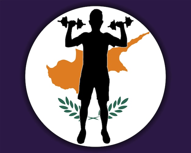 Atleta con manubri davanti alla bandiera di cipro bodybuilder silhouette vector