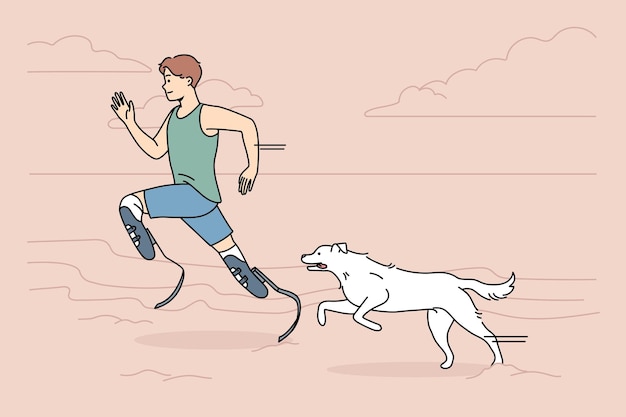 athlete with prosthetic legs running with dog