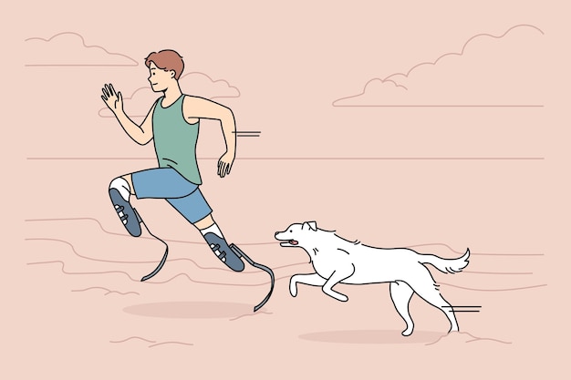 Athlete with prosthetic legs running with dog