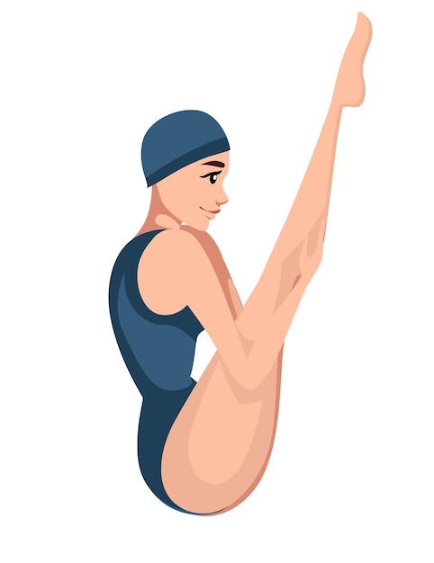 La donna dell'atleta in costume da bagno blu salta all'illustrazione piana di progettazione del personaggio dei cartoni animati dell'acqua