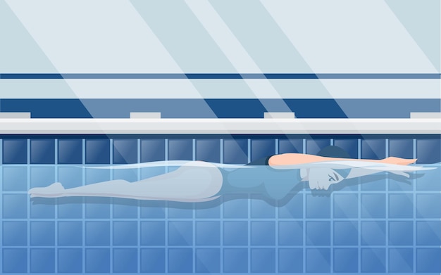 平泳ぎスタイルの漫画のキャラクターデザインで泳いでいる青い水着のアスリート女性水側面図フラットベクトルイラストとプロのスイミングプールの水平レイアウト