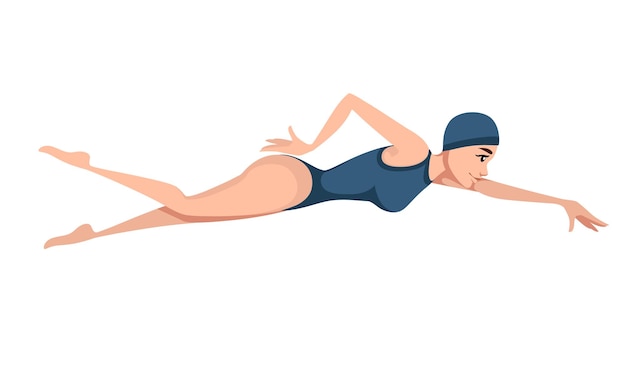 athlete woman in blue swimsuit swimming in crawl style cartoon character design illustration