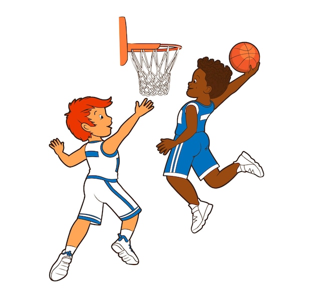 Athletes basketball players throw the ball into the basketball basketVector