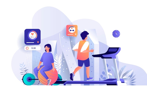 Athletes at fitness gym scene illustration of people characters in flat design concept