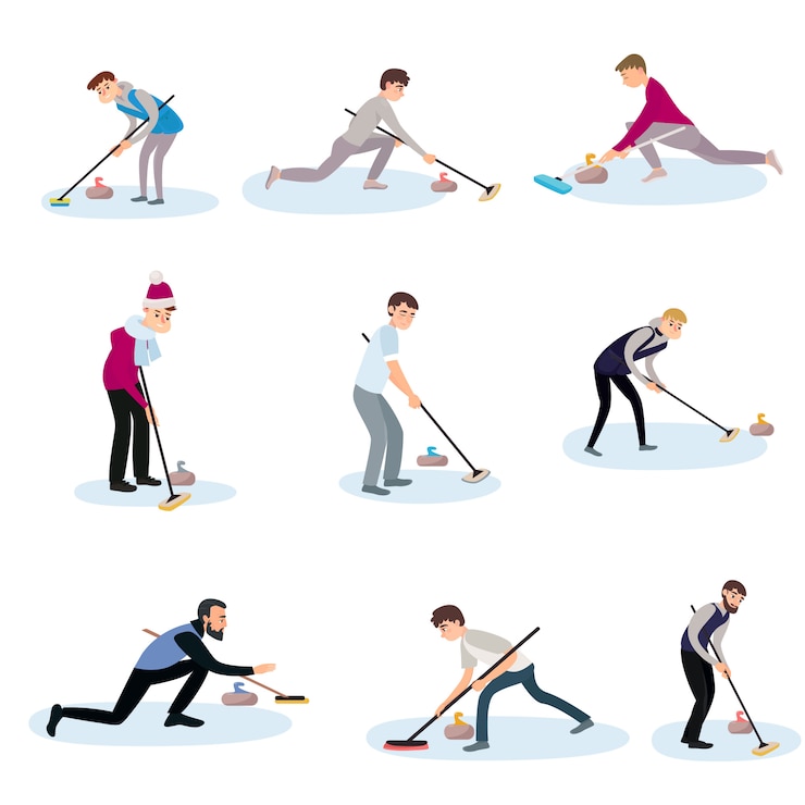 Vector athletes on the ice rubbing the floor with brushes thus pushing the stone.