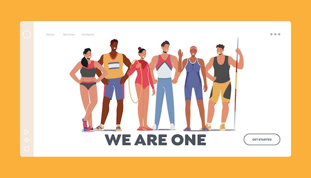 Вектор Шаблон целевой страницы спортсменов мужские женские персонажи стоят в ряду бегун баскетболист тяжелоатлет пловец