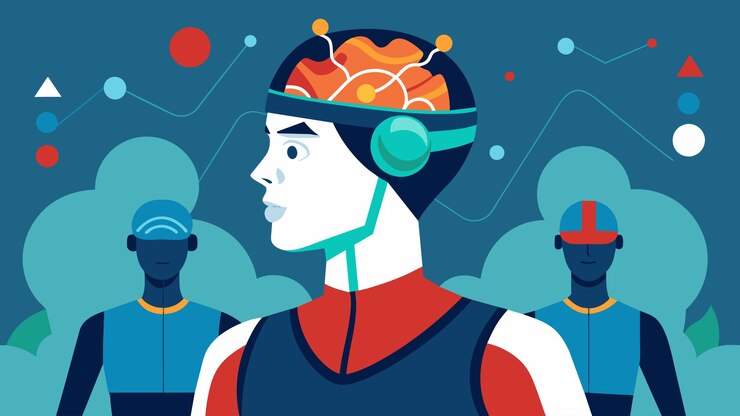 Vector athletes in training wear specialized headgear that tracks brain activity to monitor and optimize