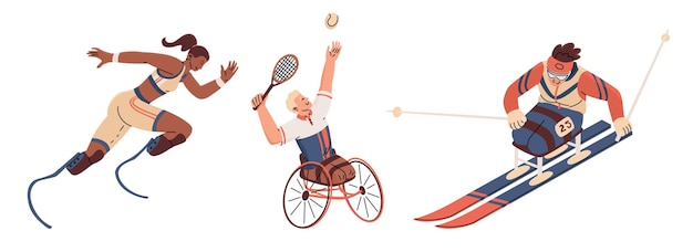 Athletes with disabilities participating in sports competitions Limb replacement Skier tennis player runner A full and happy life Vector illustration isolated on transparent background