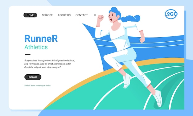 Athletic banner landing page woman character run on stadium Illustration