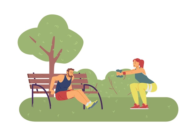 Спортивная пара тренируется на открытом воздухе или в парке, плоская векторная иллюстрация изолирована