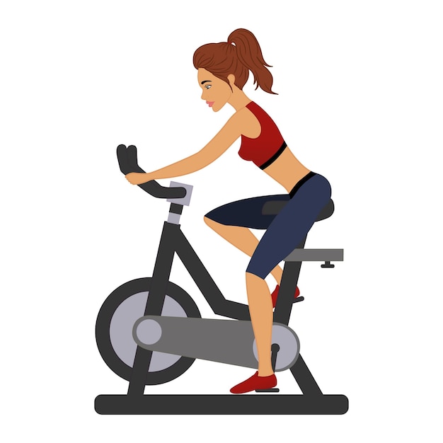 Vector athletic girl trains on an exercise bike