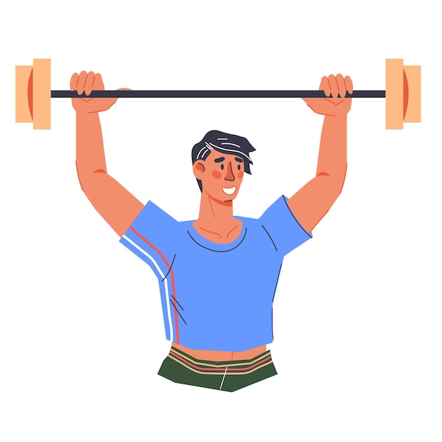 Athletic man or sportsman with barbell flat vector isolated on white bodybuilding or gym