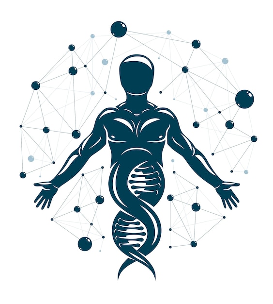 Вектор Векторная иллюстрация спортивного человека, сделанная с использованием символа днк и футуристических молекулярных связей. человек как объект биохимических исследований, генной инженерии.