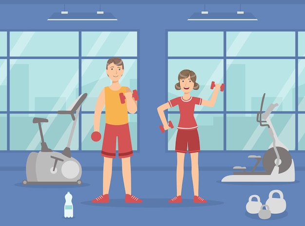 Vector athletic man and woman exercising with dumbbells sport gym interior with workout equipment vector illustration web design