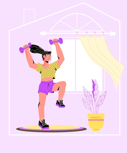 athletic sportive young woman exercising at home cartoon vector illustration