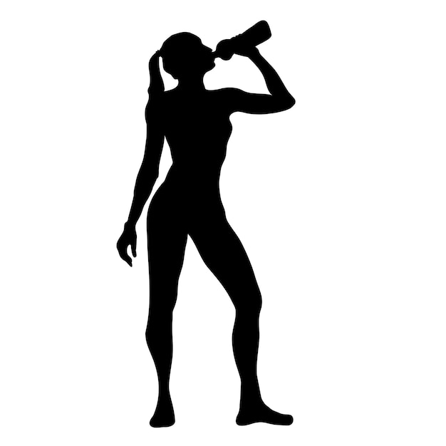 水のボトルを持ち、スポーツの後に飲むアスレチックな女性。ベクトル シルエット イラスト