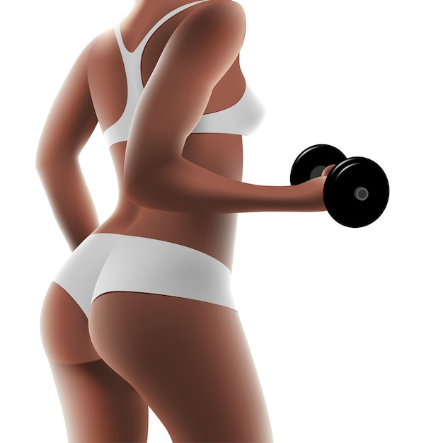 Vector athletic woman pumping up muscles with dumbbells