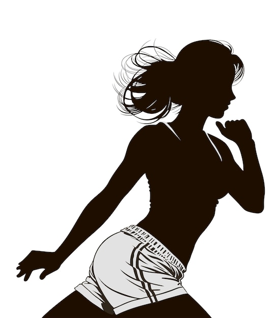 Спортивная молодая женщина в шортах Векторный портрет черно-белый силуэт