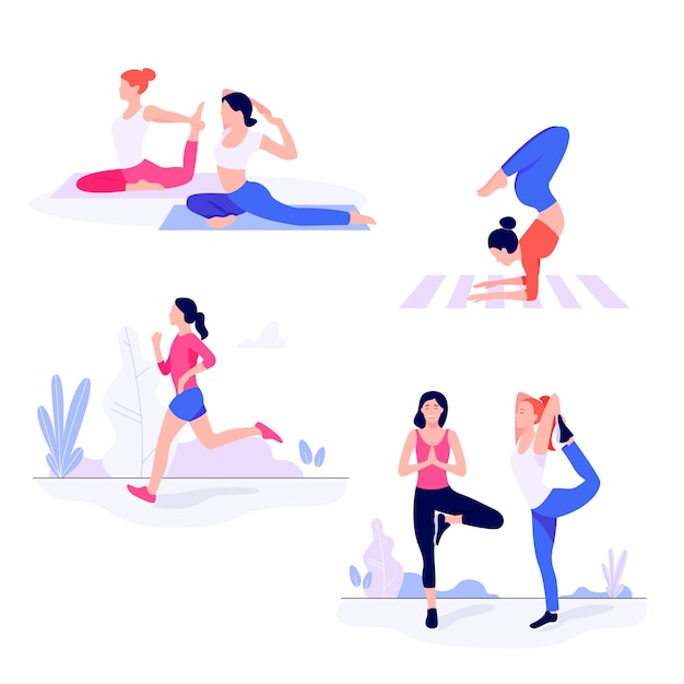 Vector athletic young women working out, doing fitness exercise