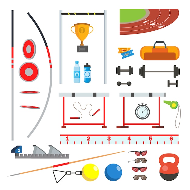 Лёгкая атлетика иконки набор векторных. Спортивные аксессуары, товары