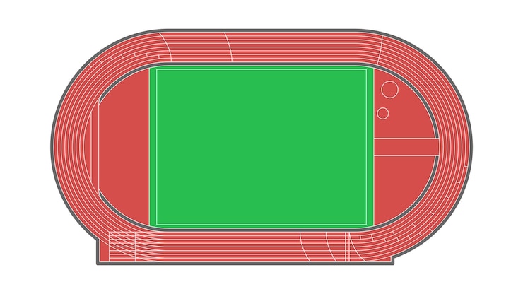 Vector athletics stadium with running tracks and green field top view on sport or athletic arena